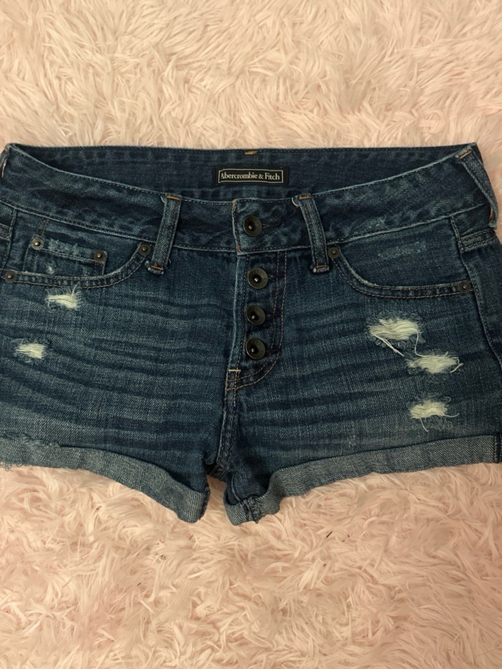 Abercrombie & Fitch Dark Blue Distressed Button-Front Jean Shorts